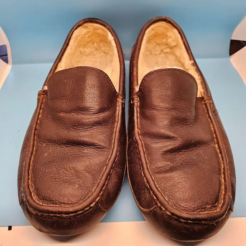 UGG Ascot Pebbled Leather Sheepskin Lined Slipper Moccasins Shoes‎ Mens 12